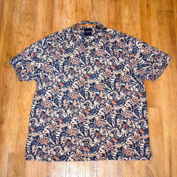 Tommy Bahama Blue Floral Print Silk Short Sleeve Button Front Shirt Sz XL - Picture 1 of 4